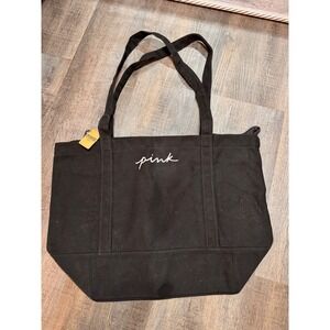 Victoria's Secret PINK Black Canvas Zipper Tote Bag Embroidered Logo NWT